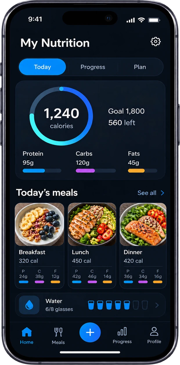 Example App: My Nutrition, with calorie ring, macros, today’s meals and water tracking