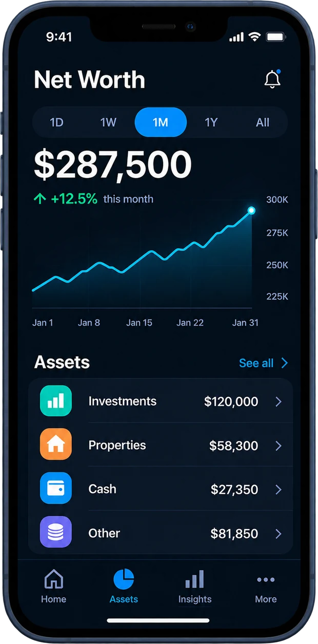 Example App: Net Worth dashboard with growth chart and assets